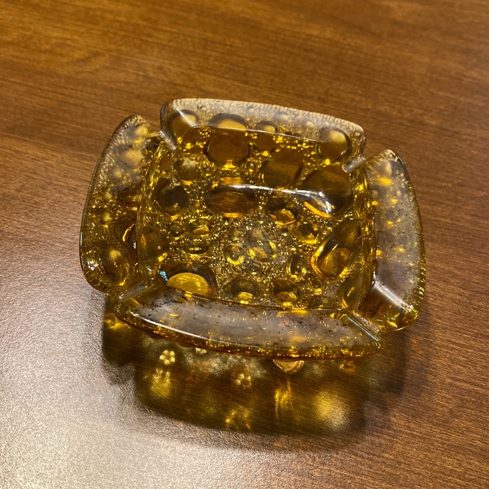 Vintage Amber Bubble Glass Ashtray